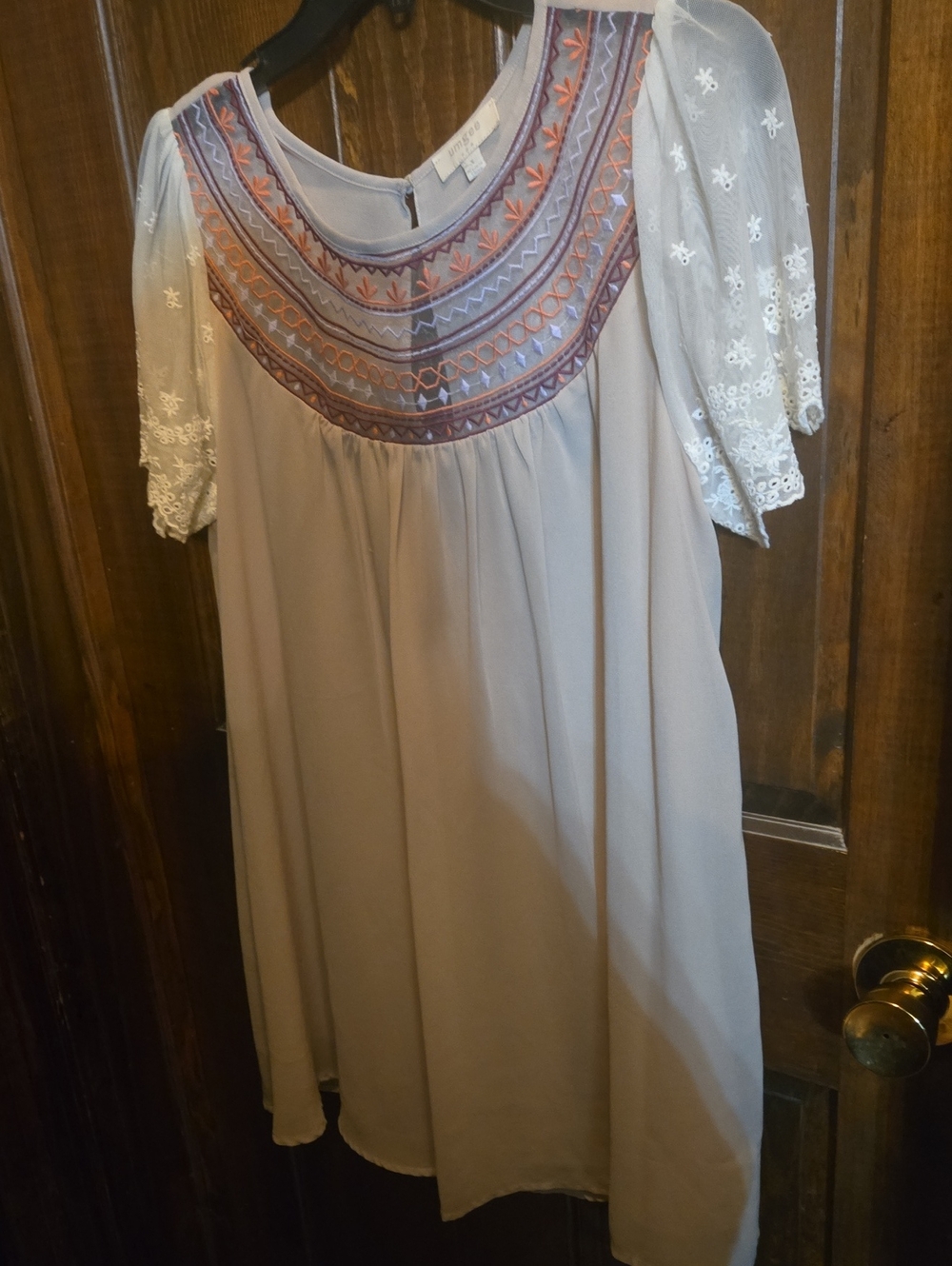 Umgee Taupe Midi Dress with Embroidered Yoke and Lace Sleeves